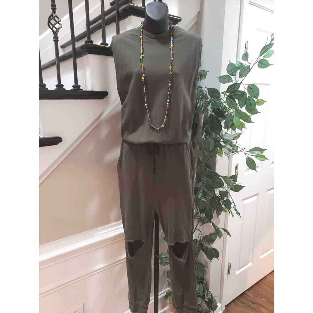 Nude Women's Green Solid Cotton Sleeveless Back Zip Cut Out Knee Jumpsuit Size L